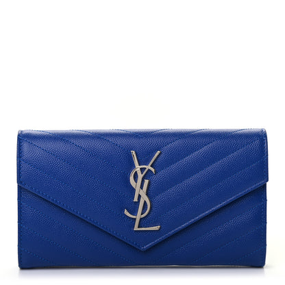 Saint Laurent Grain De Poudre Matelasse Chevron Monogram Flap Wallet Royal Blue 1 of 7