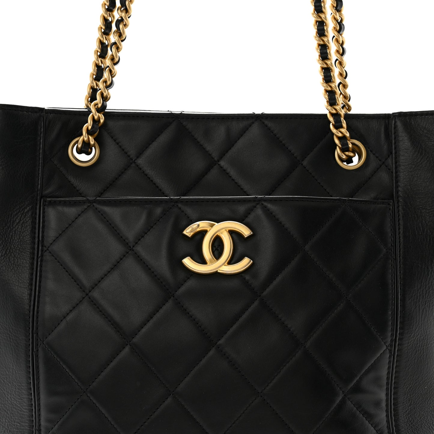 Calfskin Quilted CC Front Pocket Shopping Tote Black
