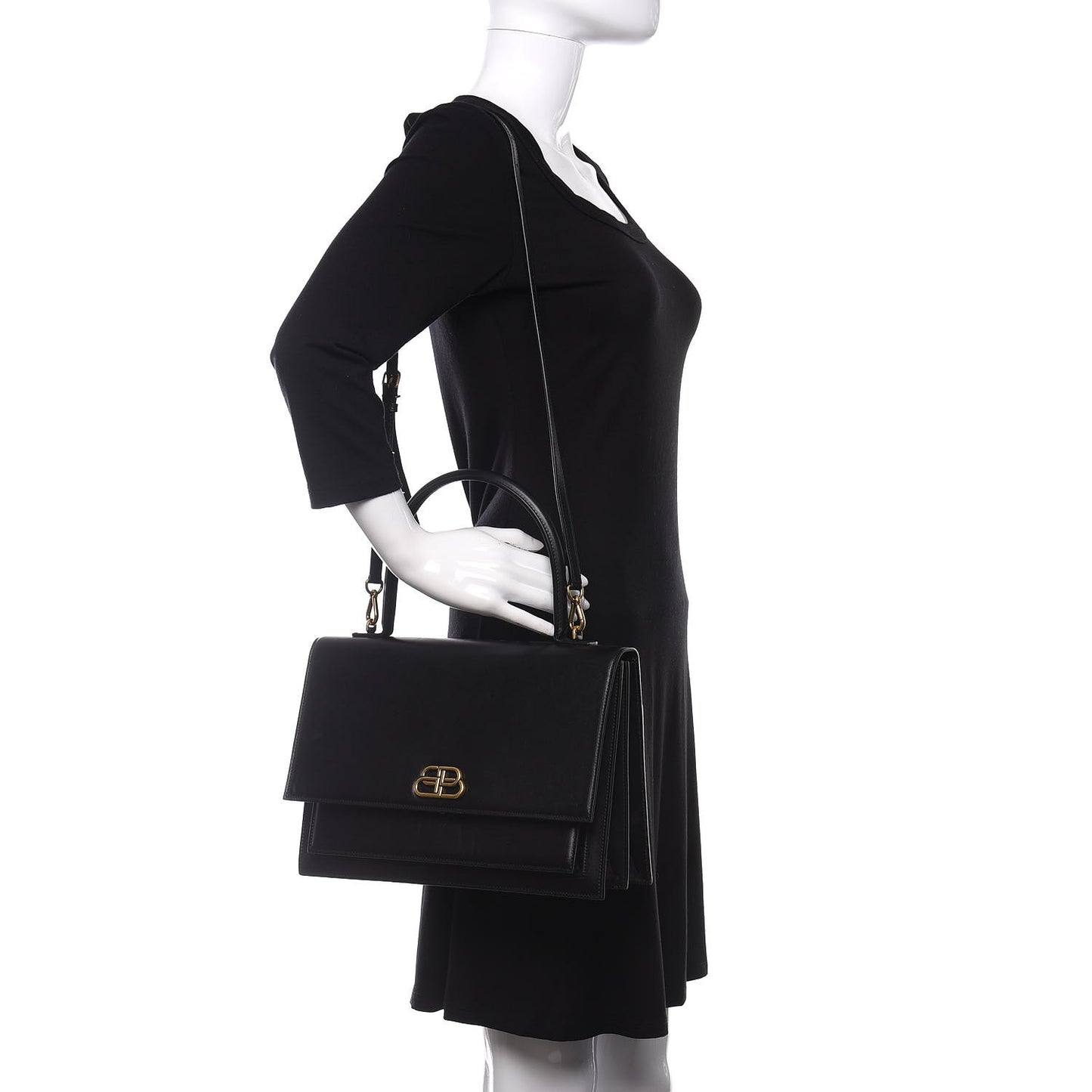 Box Calfskin Large Sharp Top Handle Bag Black