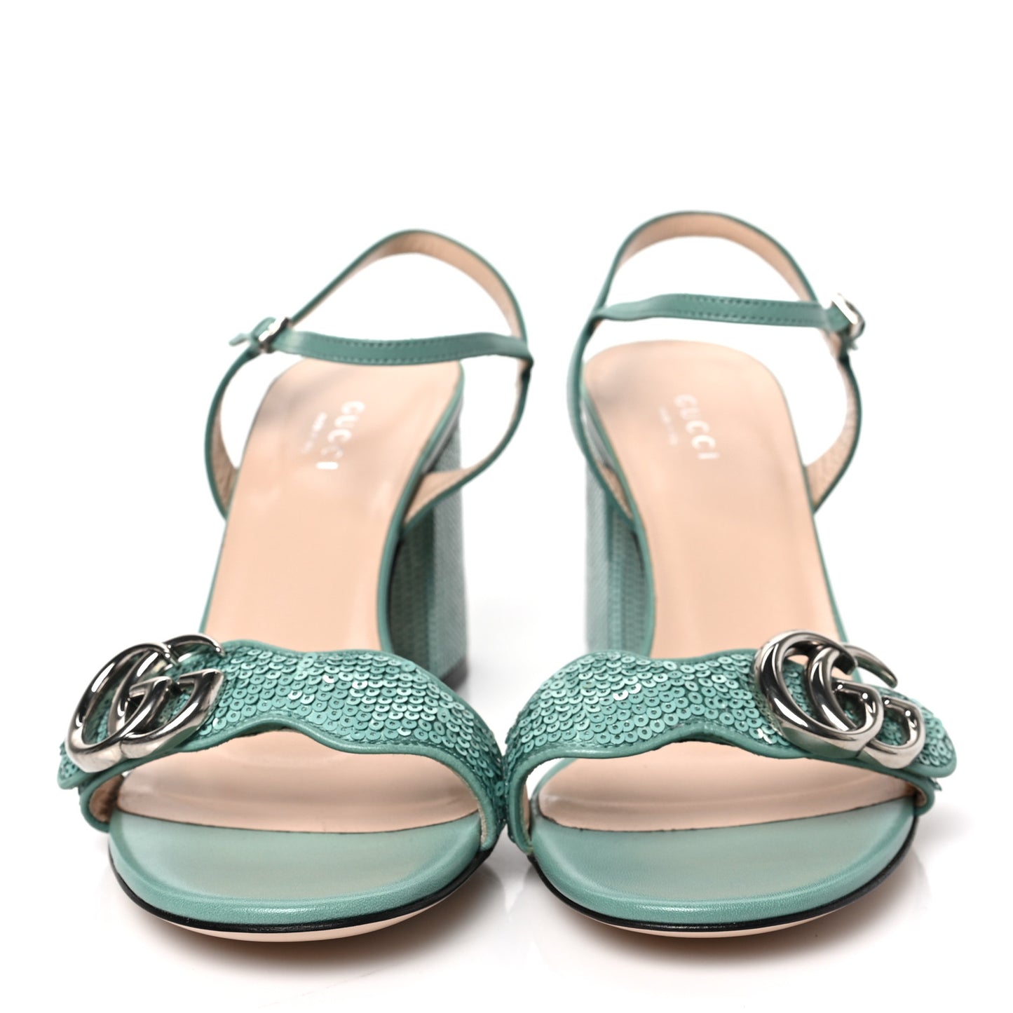 Sequin Satin Malaga Kid GG Marmont Ankle Wrap 75mm Sandals 38 Water Green Verde Chiaro Light Water Green