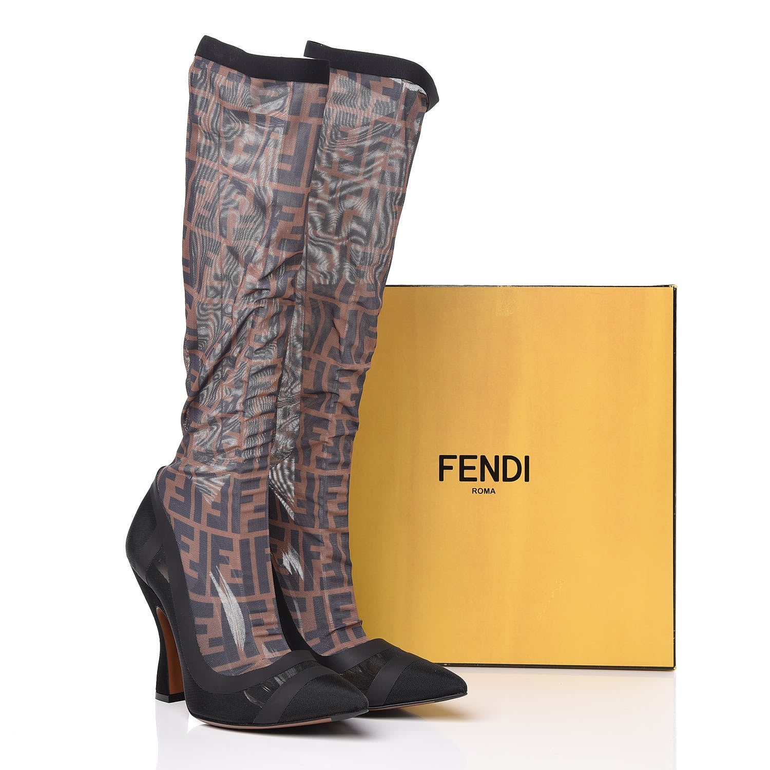 Fendi Technical Mesh FF Colibri High Heel Knee High Boots 38.5 Black Tobacco 9 of 9
