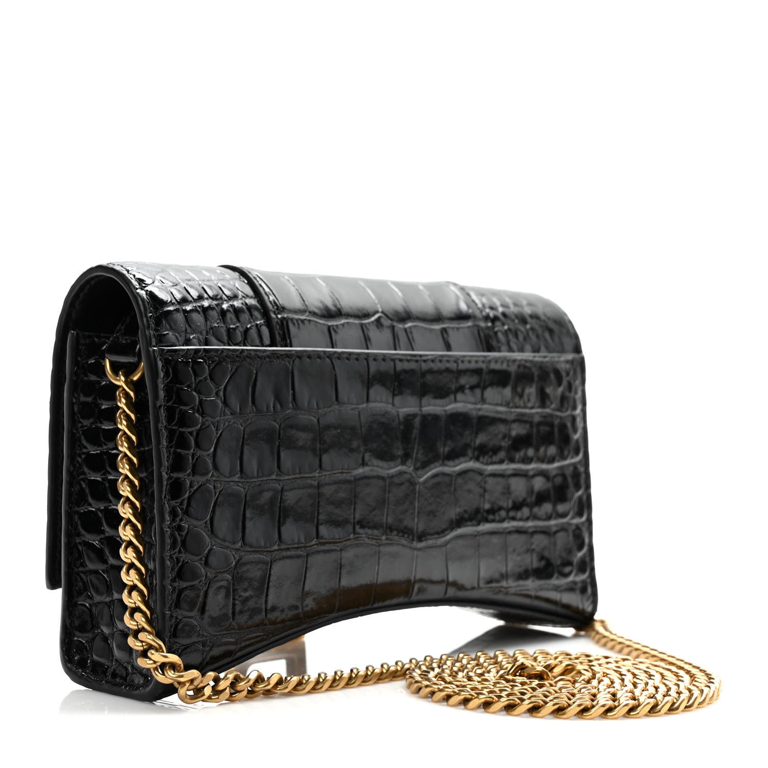 Balenciaga Shiny Calfskin Crocodile Embossed Hourglass Chain Bag Black 3 of 9
