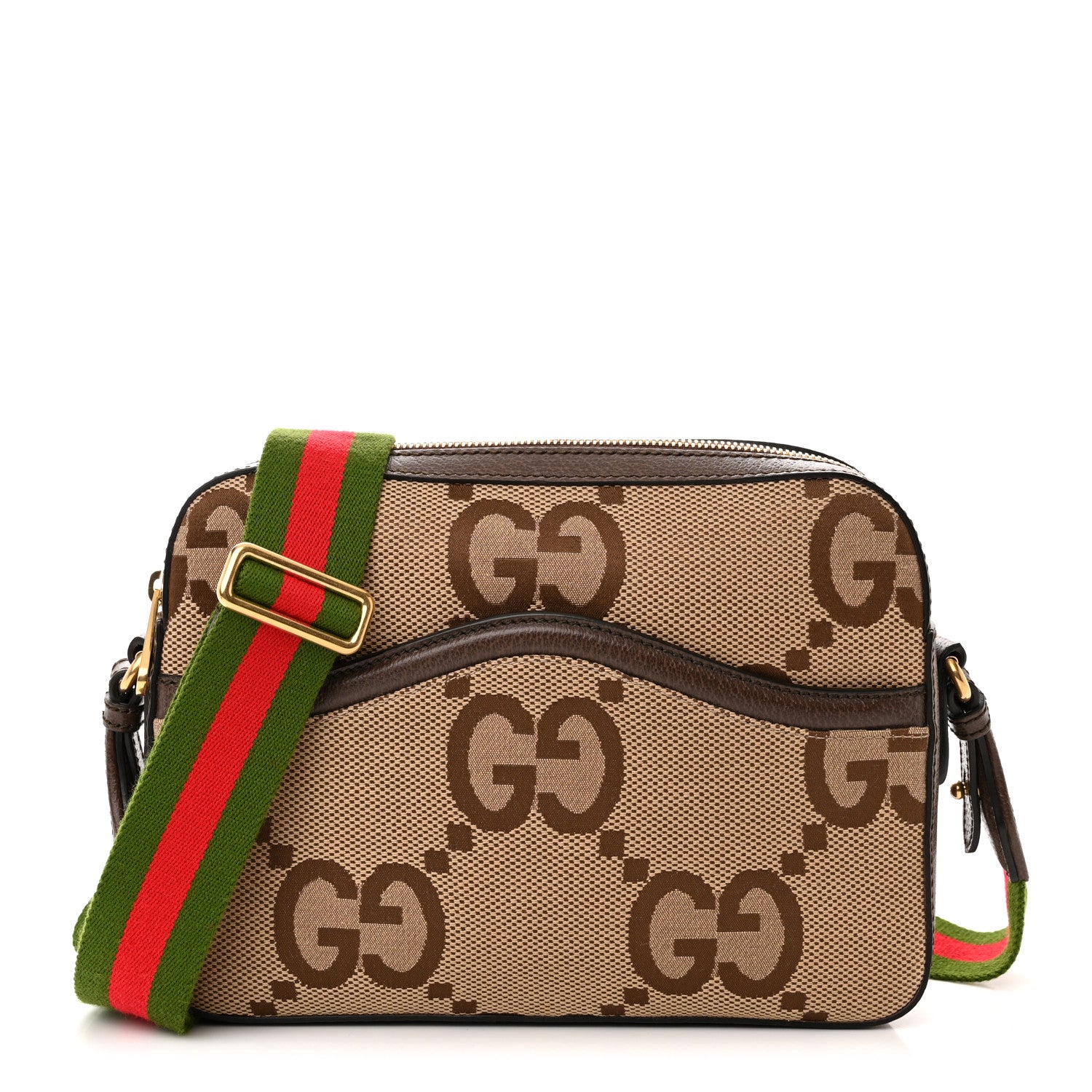 Gucci Monogram Jumbo GG Textured Dollar Calfskin Web Messenger Shoulder Bag Camel Ebony New Acero 1 of 9