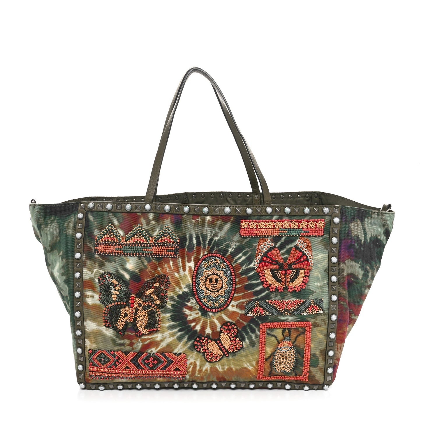 Canvas Tie Dye Beaded Rockstud Rolling Tote Bag Multicolor