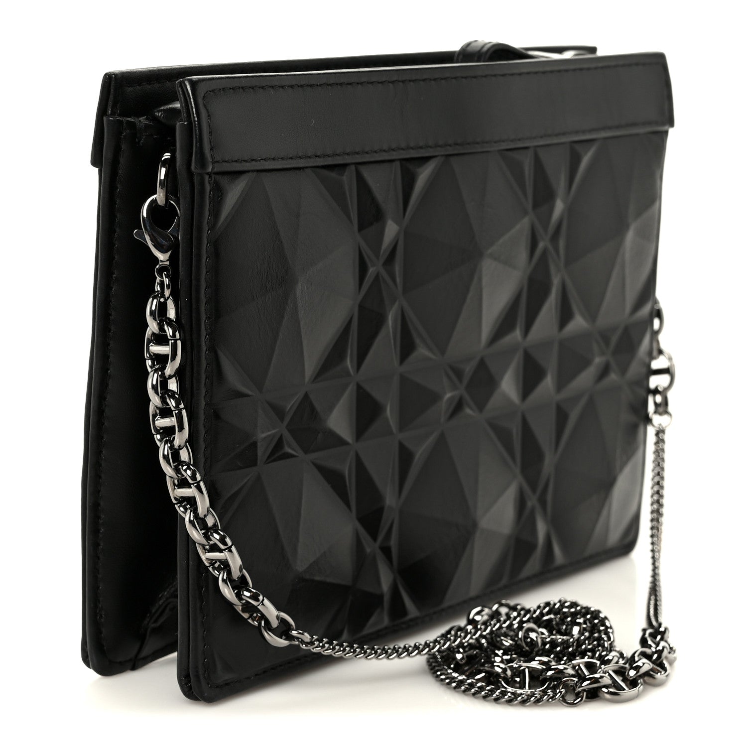 Christian Dior Calfskin Macrocannage Diamond Caro Zipped Pouch With Chain Black 3 of 11