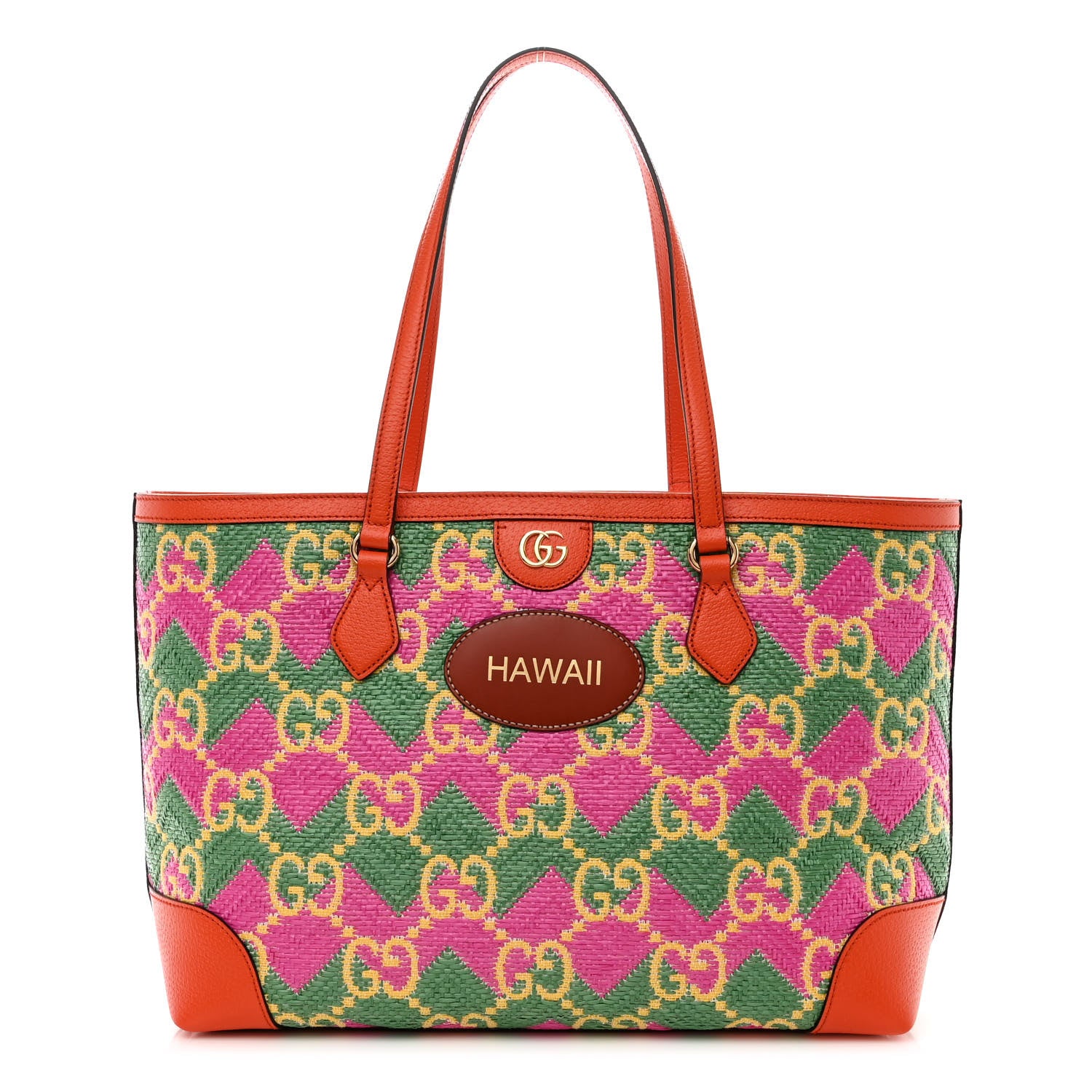 Gucci Straw Textured Dollar Calfskin Hawaii Medium Ophidia Shopping Tote New Shamarock Magenta Bright Yellow Deep Orange Peanut Brown 1 of 11