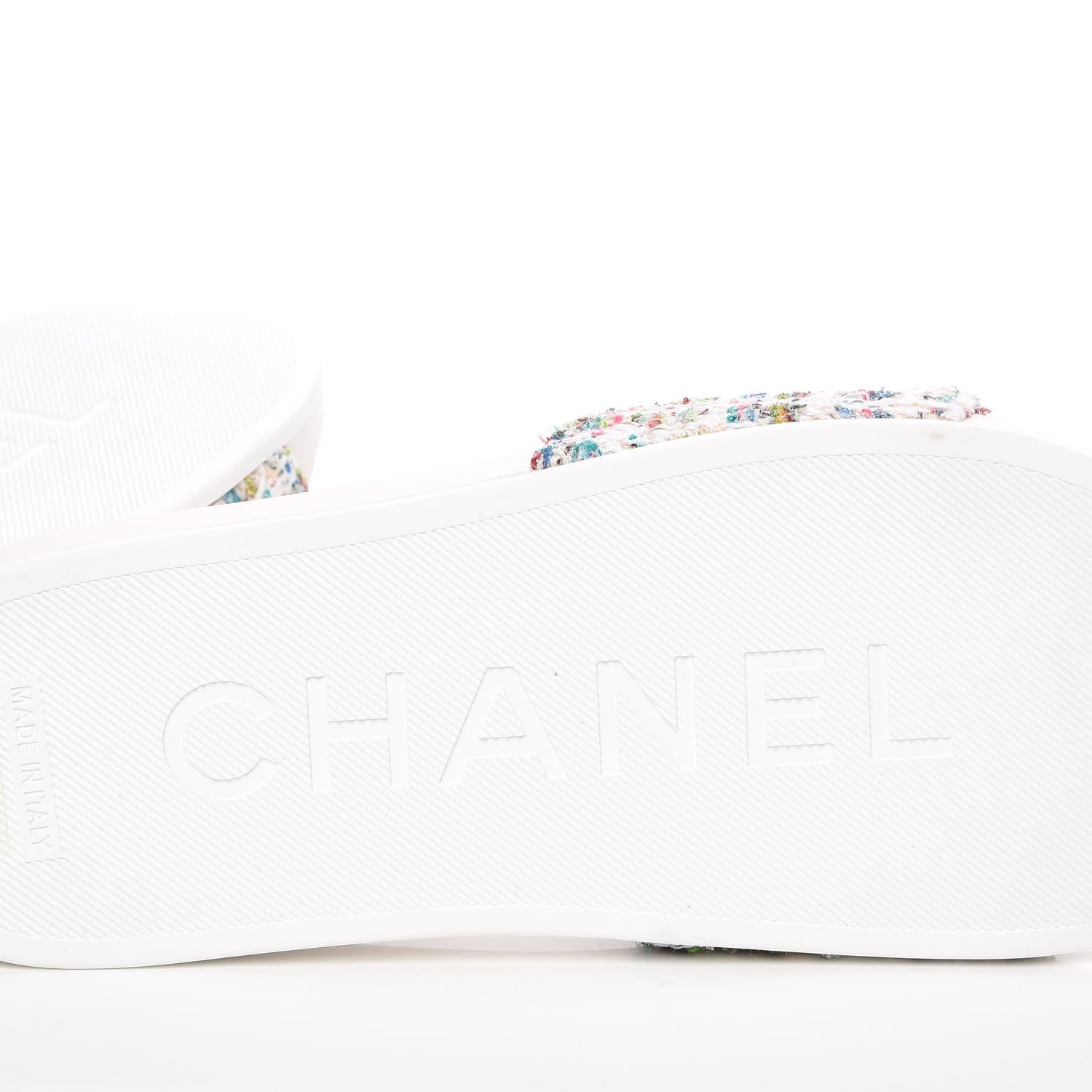 Chanel Tweed Grosgrain Camellia Mule Sandal 35 Ecru Green Ivory 7 of 10