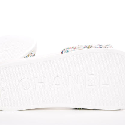 Chanel Tweed Grosgrain Camellia Mule Sandal 35 Ecru Green Ivory 7 of 10