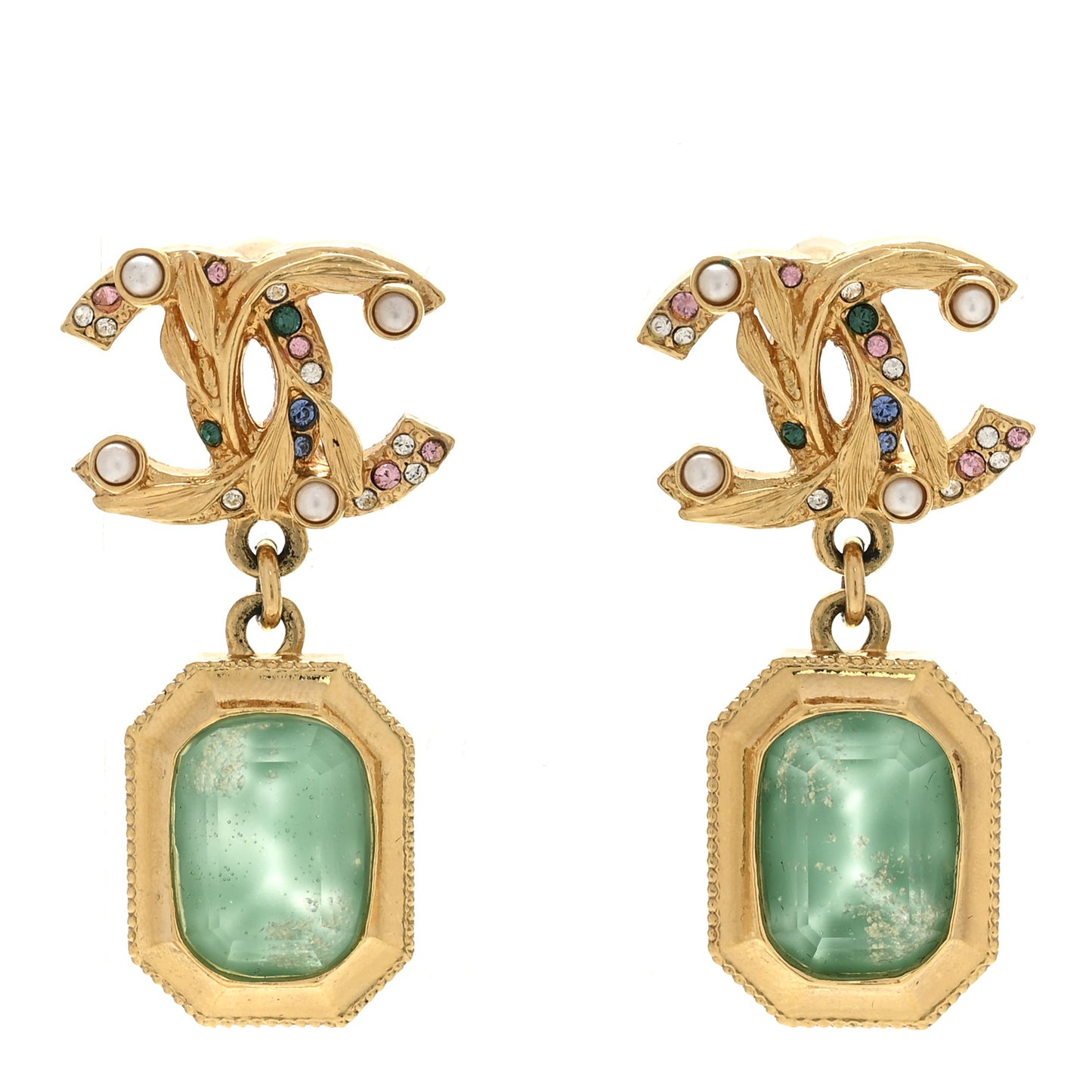 Crystal Pearl Glitter CC Drop Earrings Gold Green