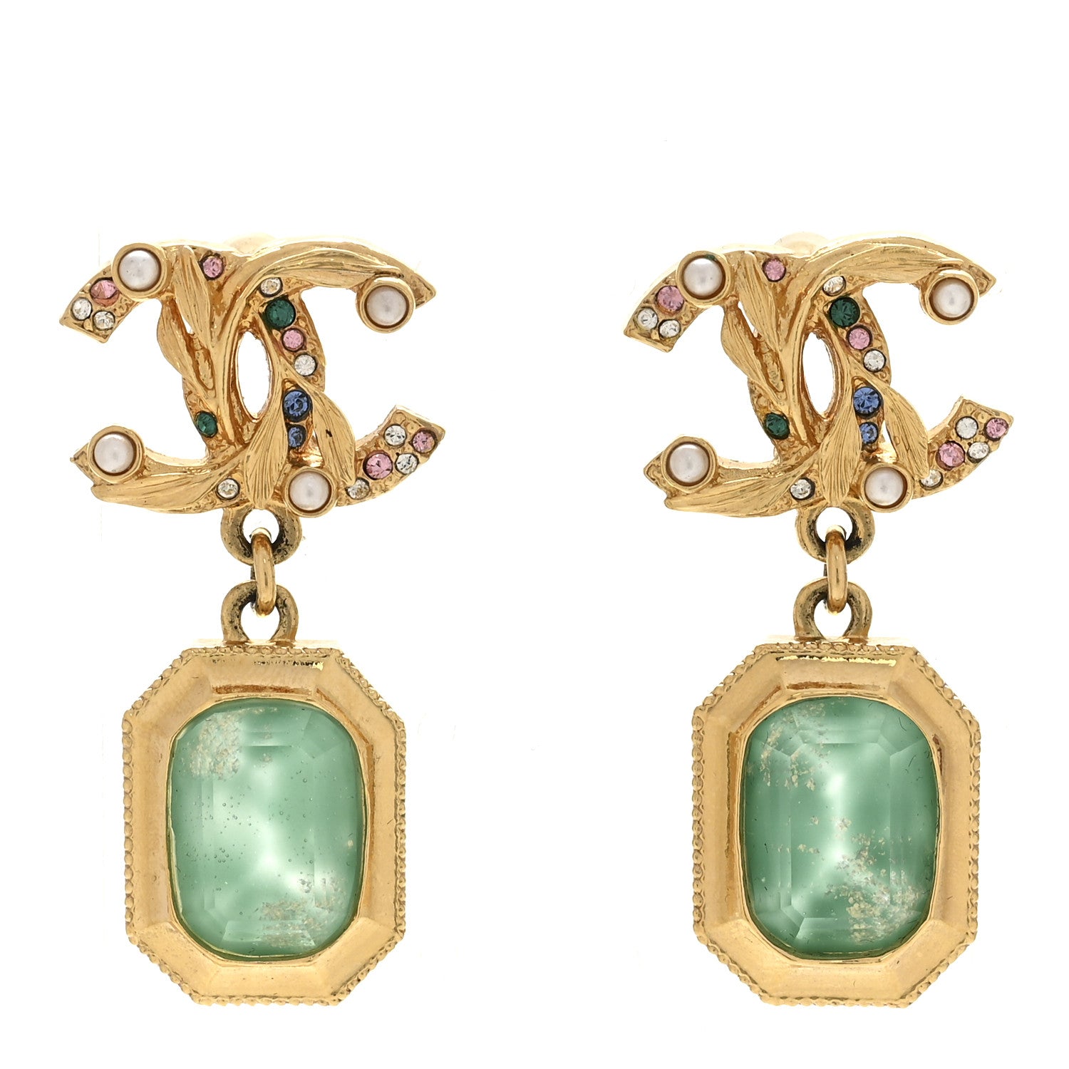 Chanel Crystal Pearl Glitter CC Drop Earrings Gold Green 1 of 5