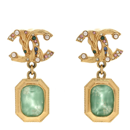Chanel Crystal Pearl Glitter CC Drop Earrings Gold Green 1 of 5