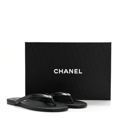 Chanel Shiny Lambskin Crystal CC Thong Sandals 37 Black 10 of 10
