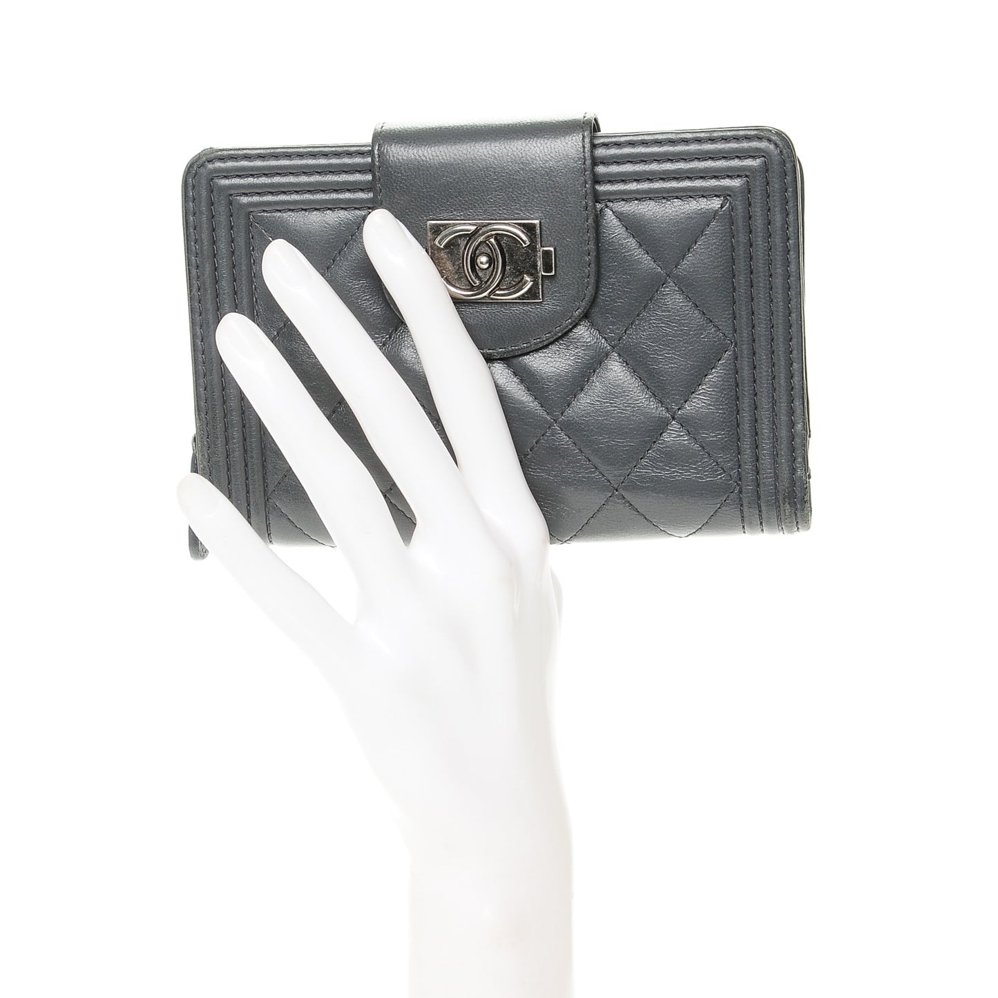 Lambskin Quilted Boy Large Zip Pocket Wallet Dark Grey