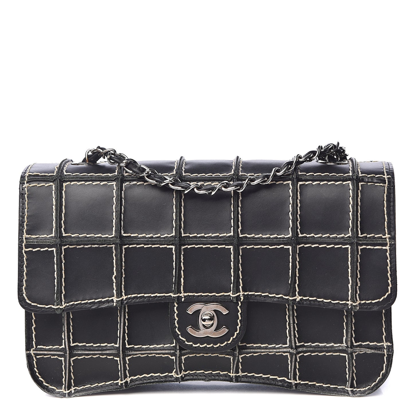 Lambskin Contrast Square Stitch Flap Black
