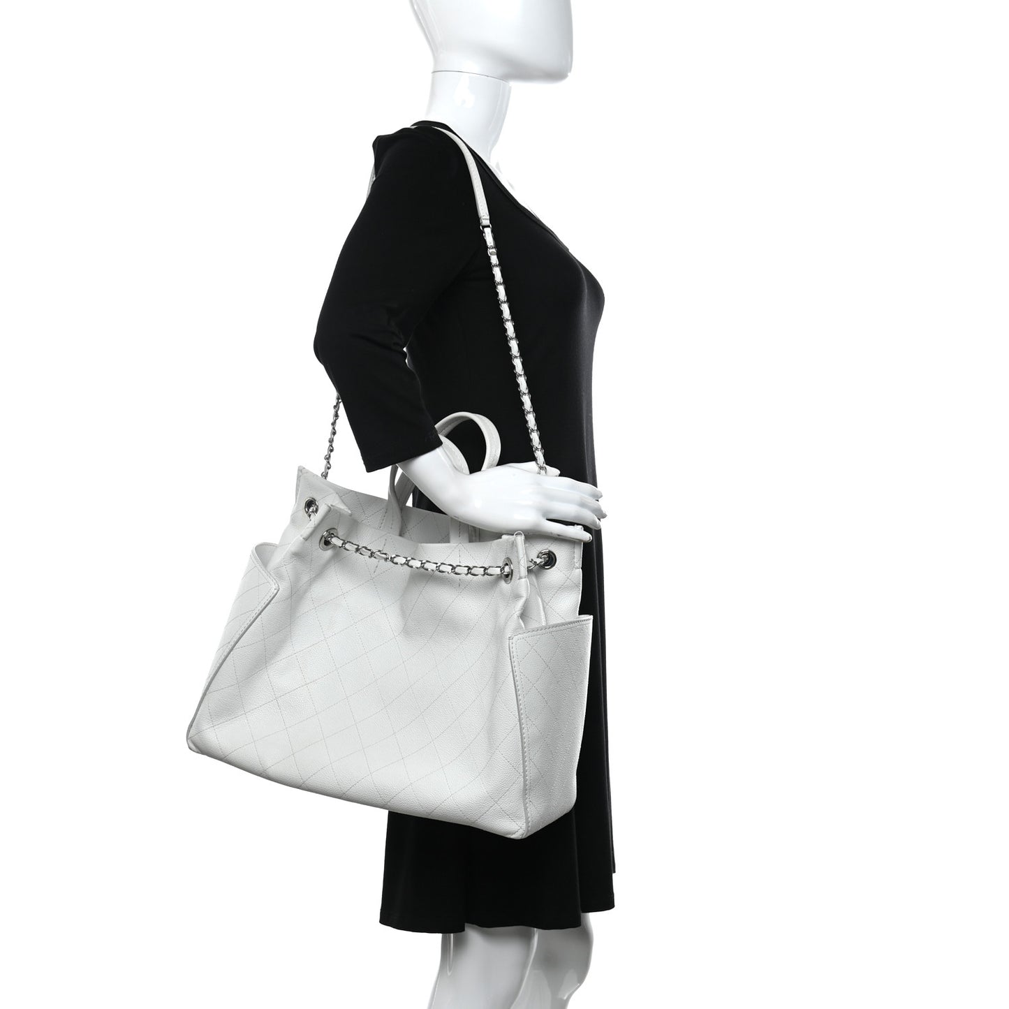 Grained Calfskin CC Pocket Tote White