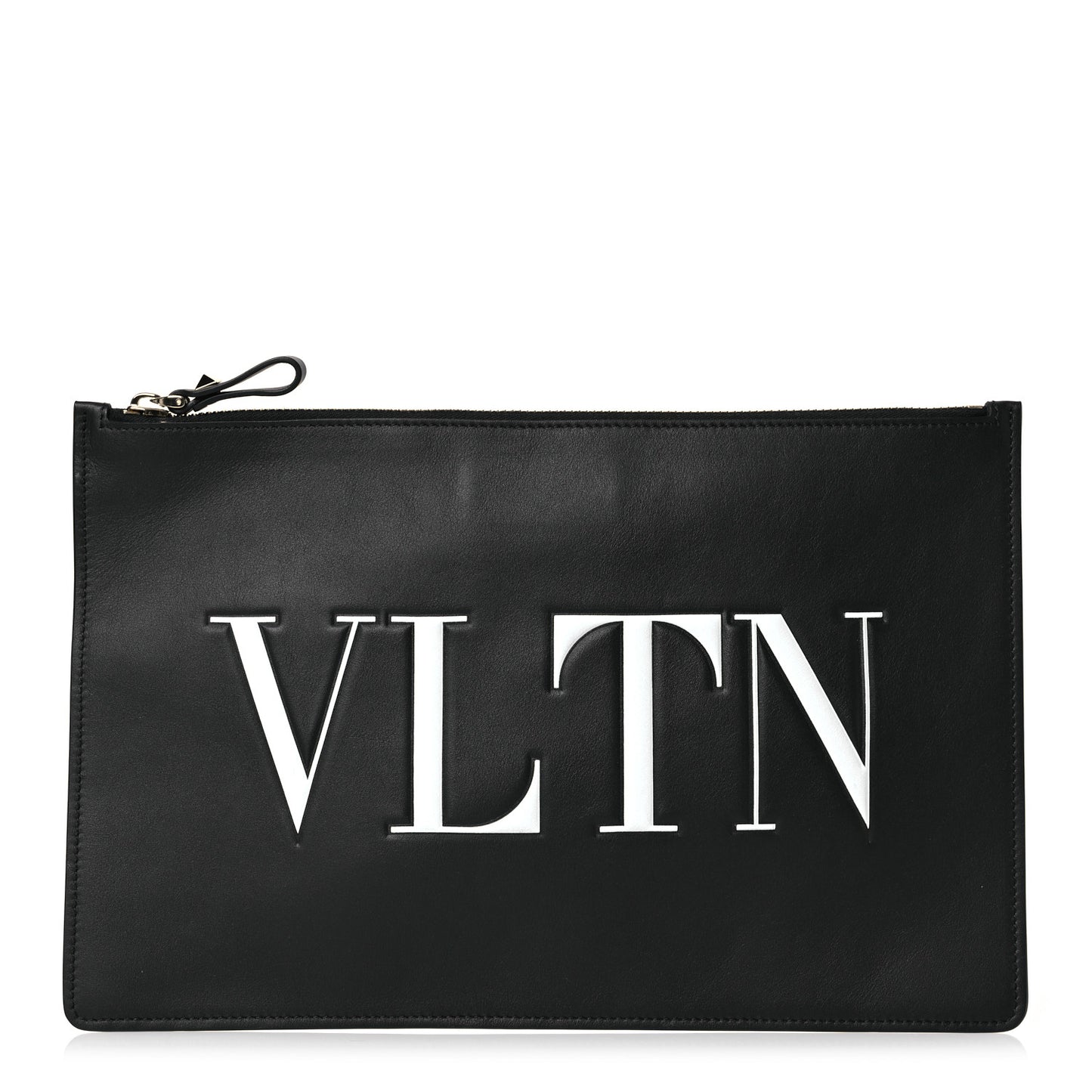 Calfskin VLTN Large Flat Zip Pouch Black