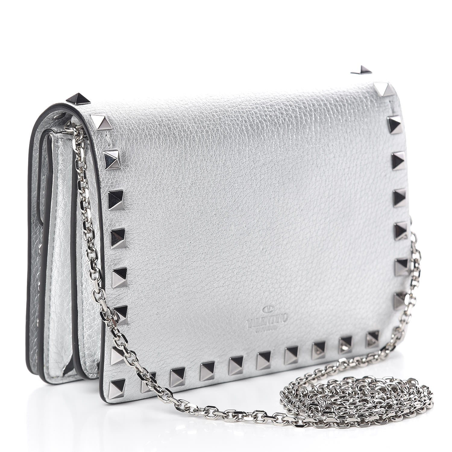 Valentino Garavani Metallic Pebbled Calfskin Rockstud Wallet on Chain Silver 3 of 9