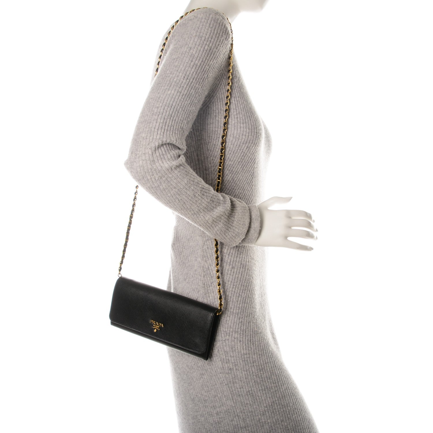 Prada Saffiano Metal Oro Chain Wallet Nero Black 2 of 7