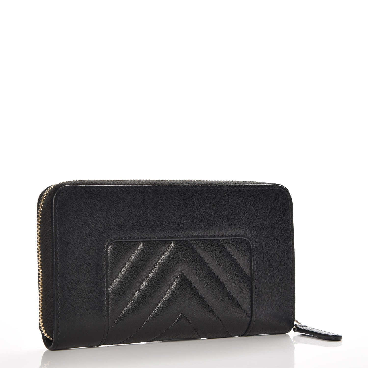 Chanel Sheepskin Chevron Quilted Mademoiselle Vintage Zip Around Wallet Black 3 of 9