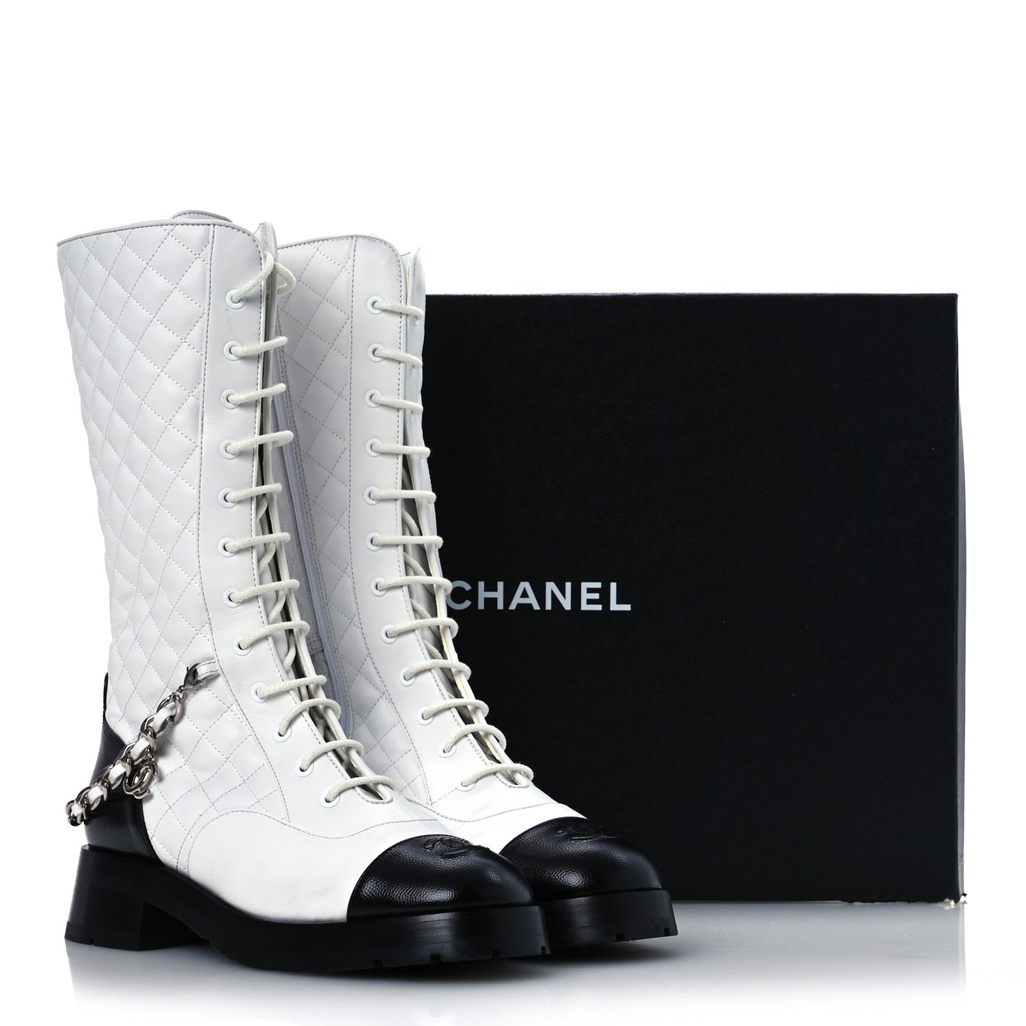 Grained Calfskin Quilted Chain Lace Up Combat Long Boots 40.5 White Black