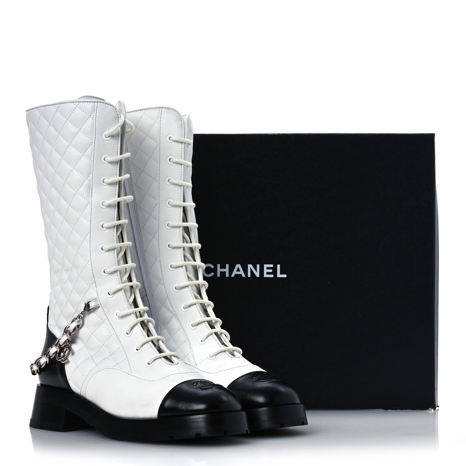 Chanel Grained Calfskin Quilted Chain Lace Up Combat Long Boots 40.5 White Black 13 of 13