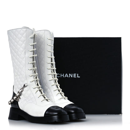 Chanel Grained Calfskin Quilted Chain Lace Up Combat Long Boots 40.5 White Black 13 of 13