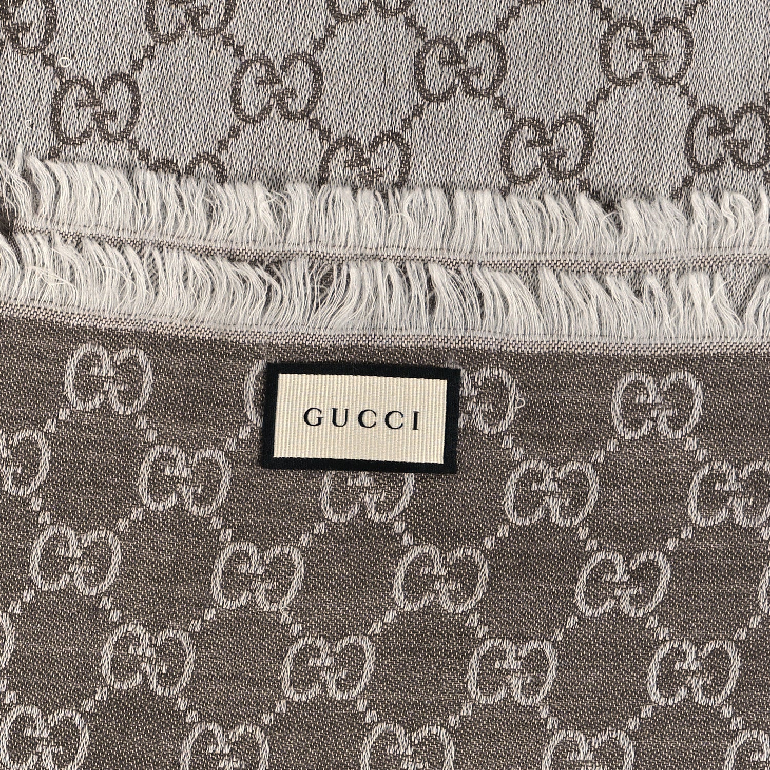 Gucci Wool Silk Monogram GGWeb Fringe Shawl Bitume Ivory 3 of 4