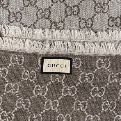 Gucci Wool Silk Monogram GGWeb Fringe Shawl Bitume Ivory 3 of 4