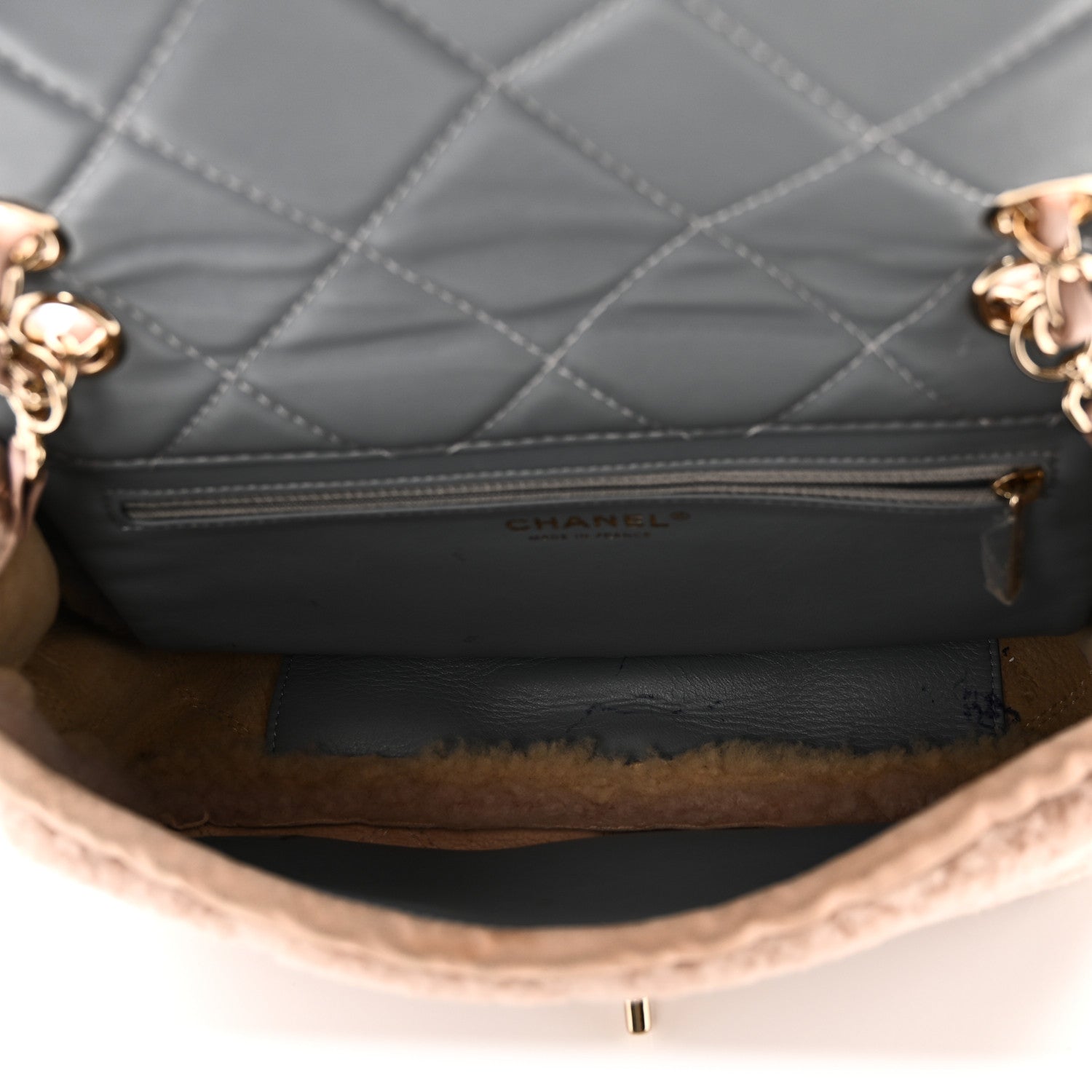 Chanel Shearling Sheepskin Single Flap Gray Pink Beige 1807137