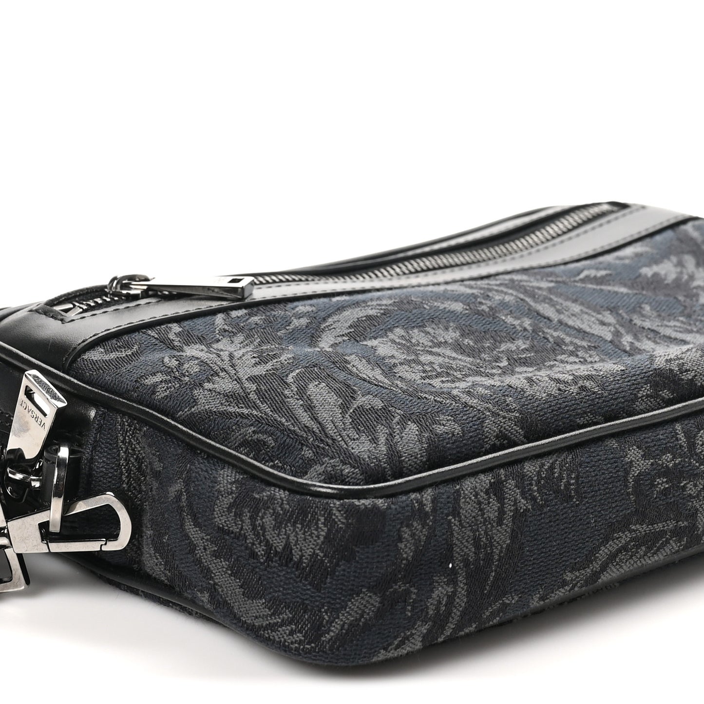 Fabric Jacquard Calfskin Barocco Wristlet Pouch Black