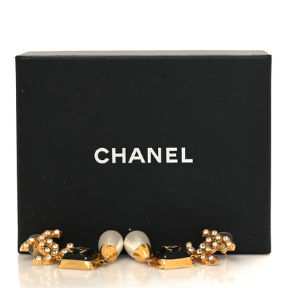 Chanel Metal Resin Pearl Crystal CC Drop Earrings Gold Black Pearly White 5 of 5