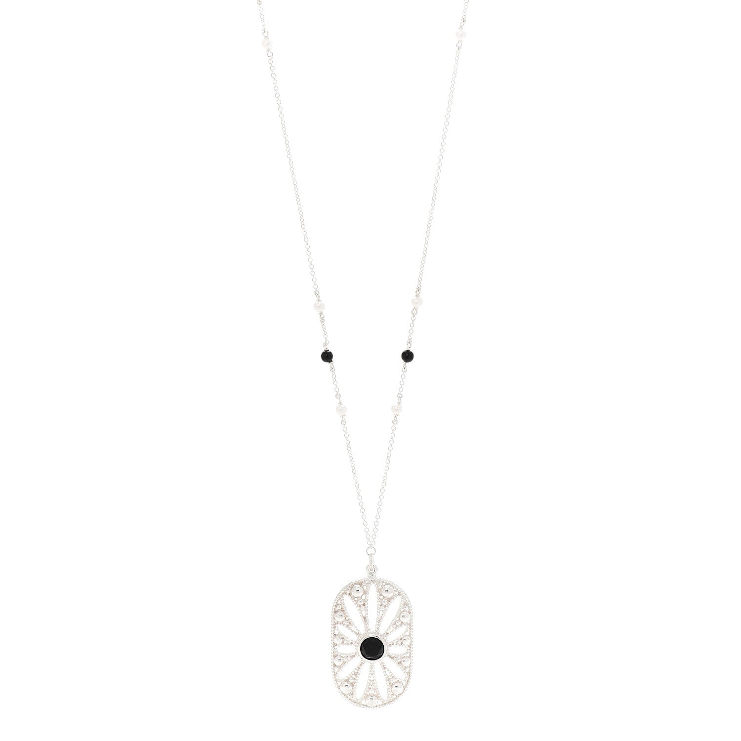 Tiffany Sterling Silver Black Onyx Pearl Ziegfeld Daisy Pendant Necklace 1 of 7