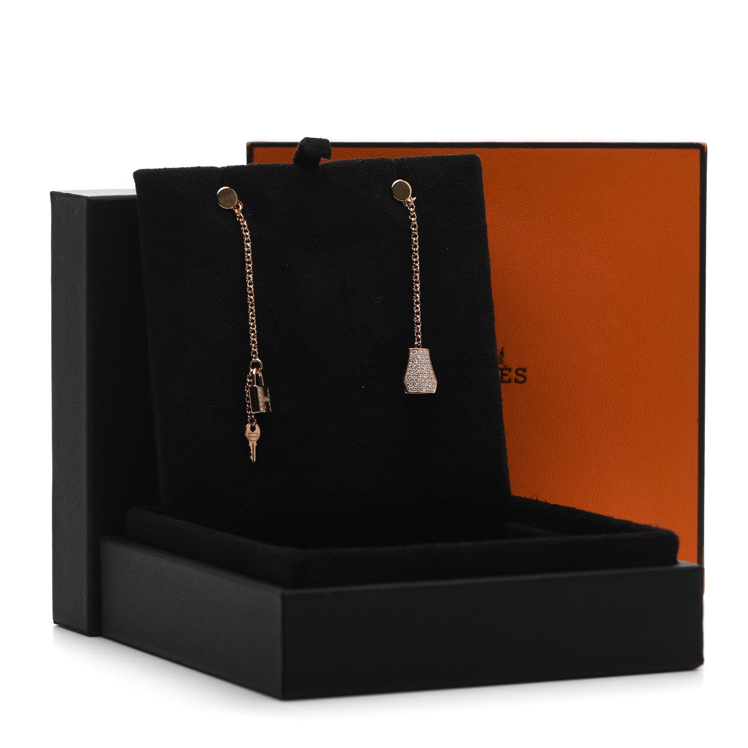 Hermes 18K Rose Gold Diamond Kelly Clochette Drop Earrings 5 of 5