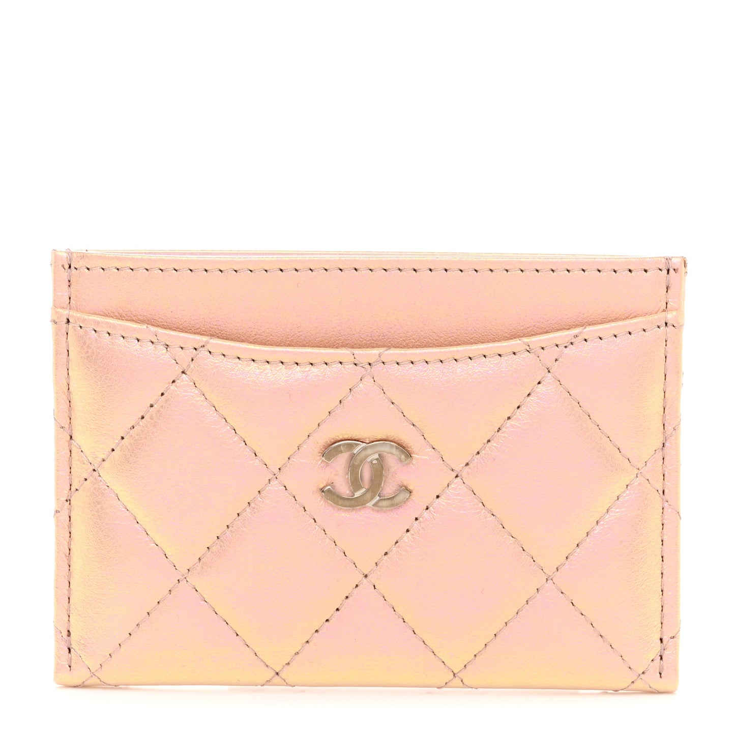 Iridescent Calfskin Quilted Card Holder Pink