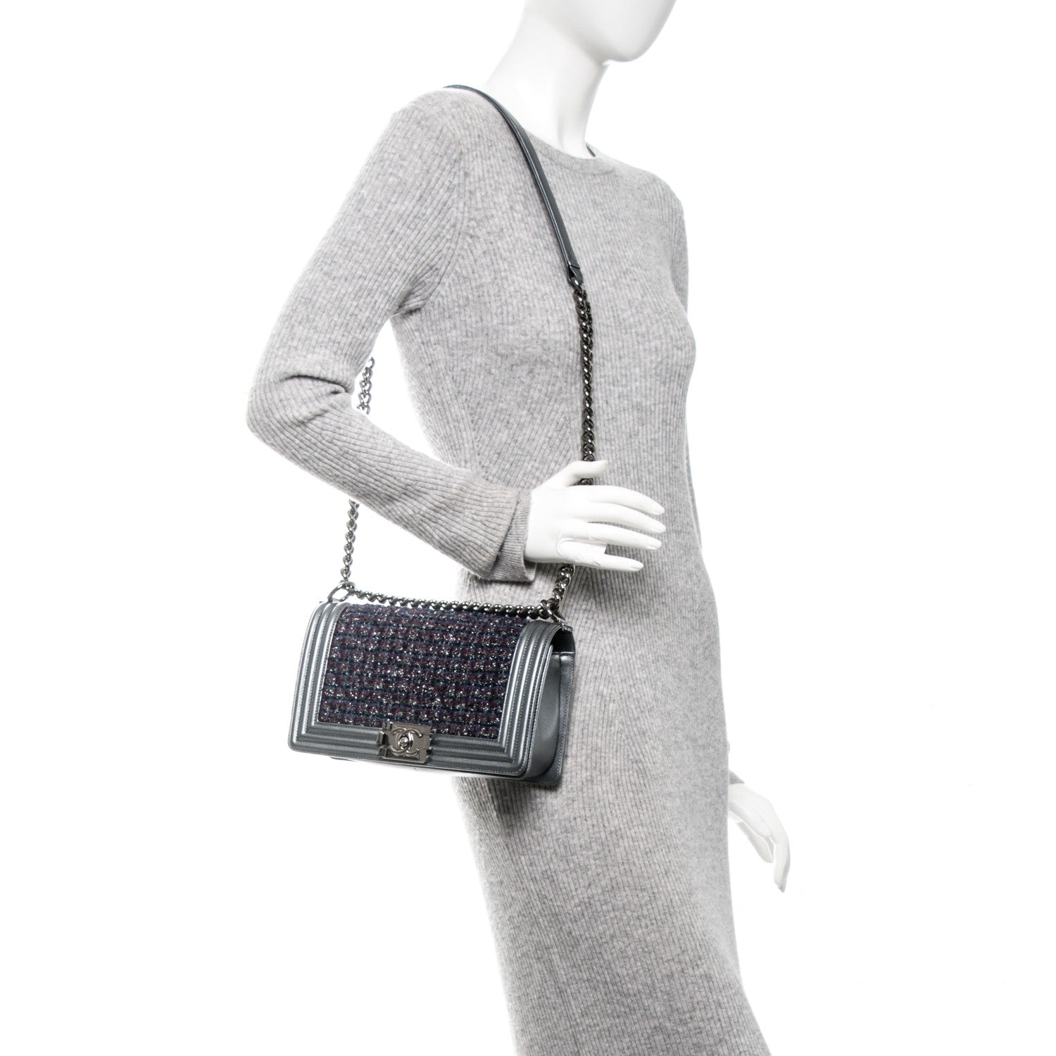 Chanel Tweed Metallic Lambskin Medium Boy Flap Silver 2 of 7