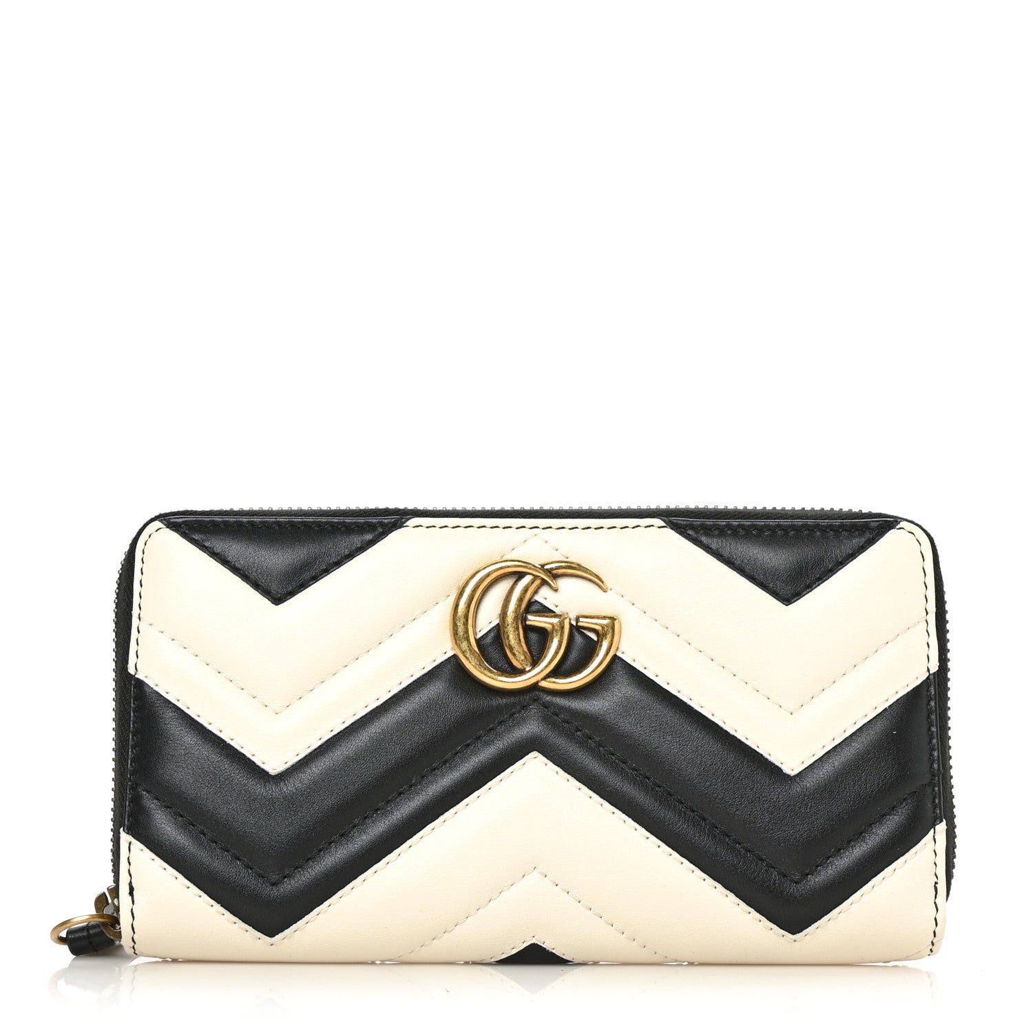 Gucci Calfskin Matelasse GG Marmont Zip Around Wallet Black White 1 of 6