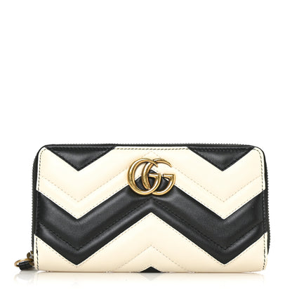 Gucci Calfskin Matelasse GG Marmont Zip Around Wallet Black White 1 of 6