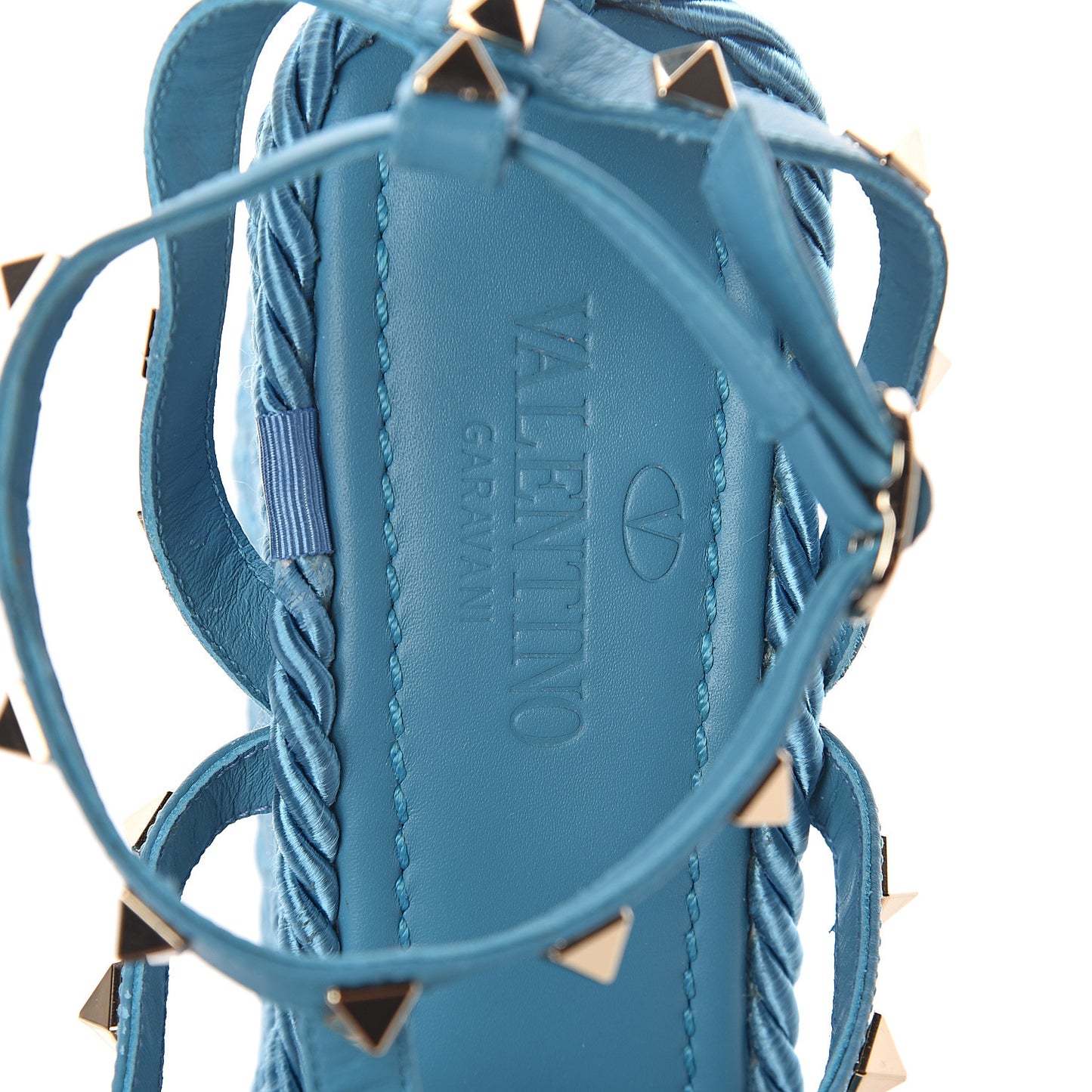 Calfskin Rockstud Ankle Strap Torchon Espadrille Caged 25/90mm Wedge Sandals 37 Cerulean