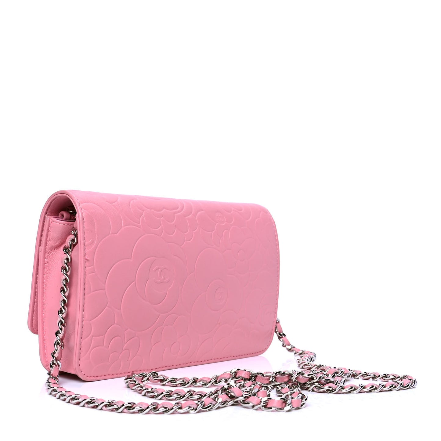 Lambskin Camellia Embossed Wallet On Chain WOC Pink