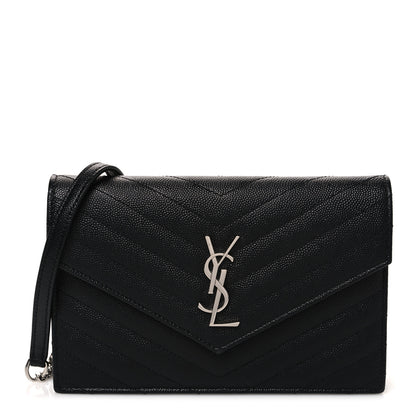 Saint Laurent Grain De Poudre Matelasse Chevron Monogram Envelope Chain Wallet Black 1 of 10