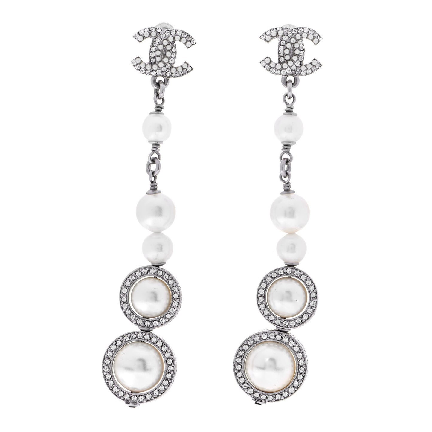 Crystal CC Pearl Drop Earrings Silver