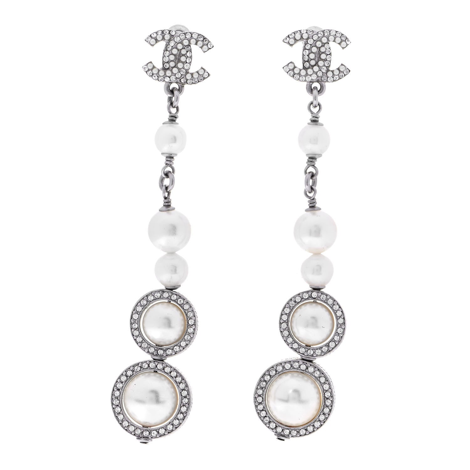 Chanel Crystal CC Pearl Drop Earrings Silver 1 of 7