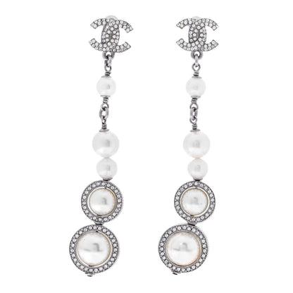 Chanel Crystal CC Pearl Drop Earrings Silver 1 of 7
