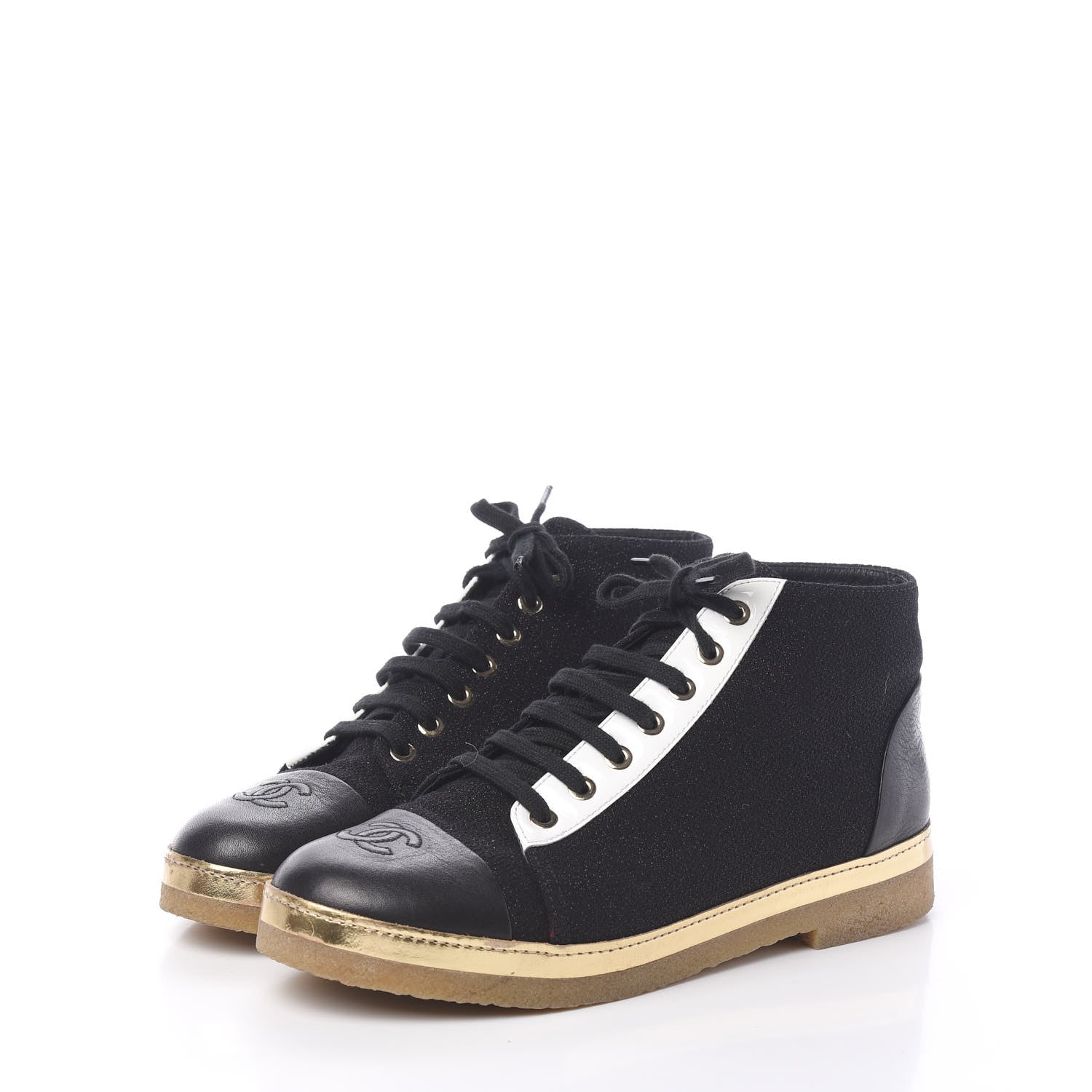 Chanel Tweed Metallic Lambskin High Top Sneakers 38.5 Black Gold 3 of 8