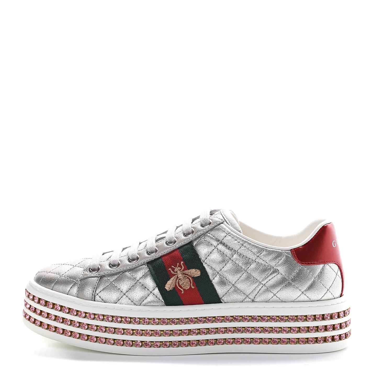 Laminated Nappa Crystal Web Bee Embroidered Trapuntata Womens Ace Platform Sneakers 36.5 Argento