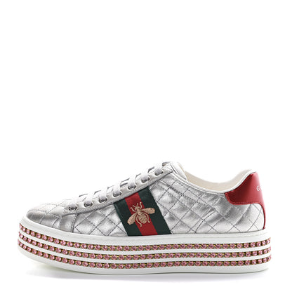 Gucci Laminated Nappa Crystal Web Bee Embroidered Trapuntata Womens Ace Platform Sneakers 36.5 Argento 1 of 8
