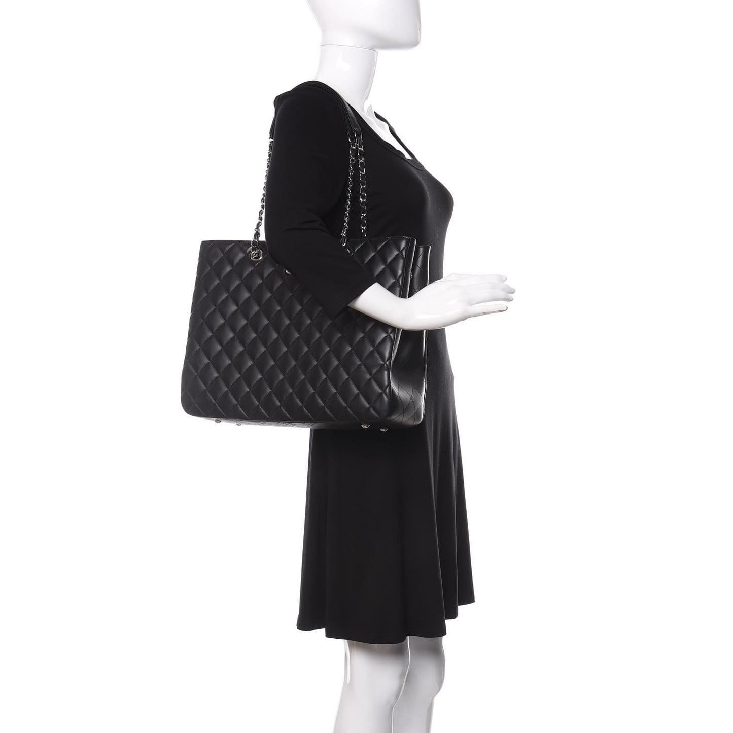 Calfskin Quilted Large CC Shopping Tote Black