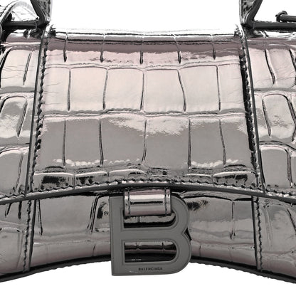 Balenciaga Metallic Shiny Calfskin Crocodile Embossed Hourglass Top Handle Bag XS Gunmetal 11 of 15