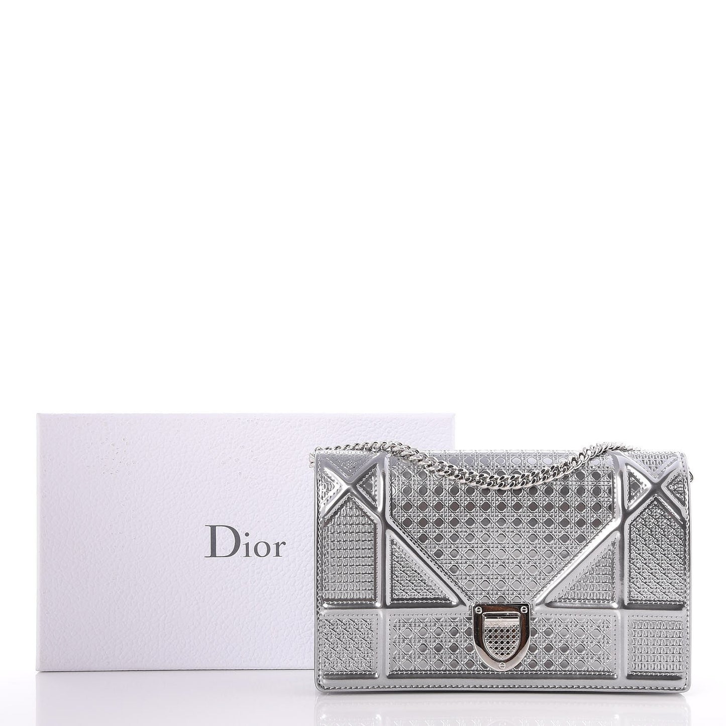 Metallic Patent Micro-Cannage Diorama Wallet on Chain Pouch Silver