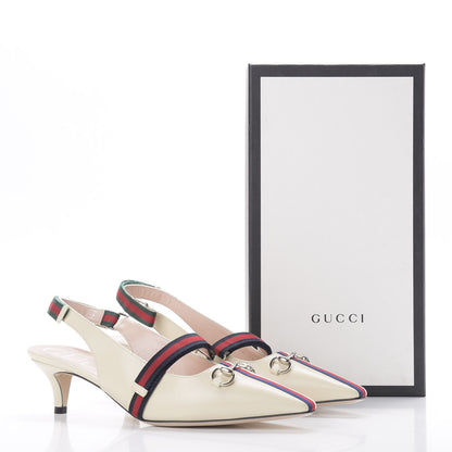 Gucci Malaga Kid Web Horsebit Low Heel Slingback Pumps 40 Vintage White 12 of 12
